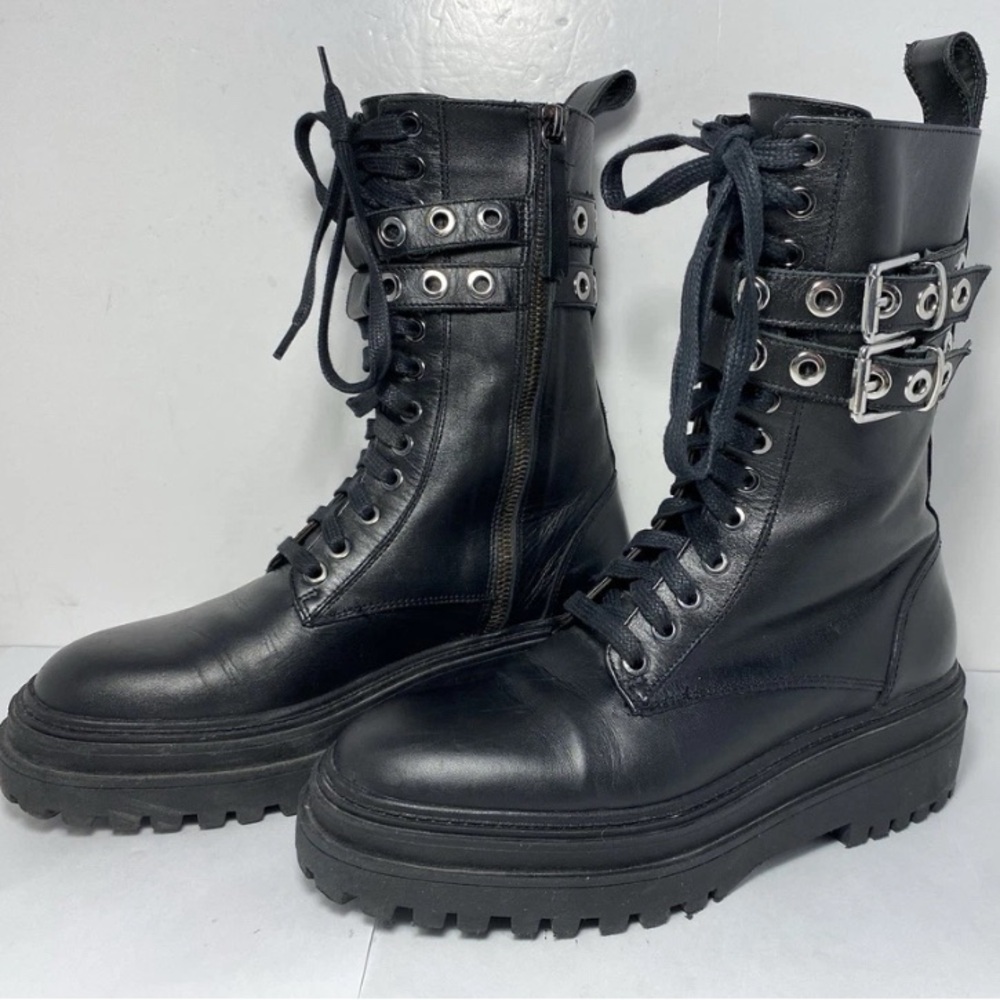 ZARA Black Leather Combat Boots Double Buckle Grommet Lace Up Lug Sole Size 7.5